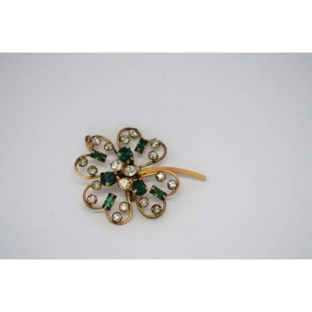 Vintage 4 Leaf Clover Rhinestone Brooch Lucky Charm  Pin